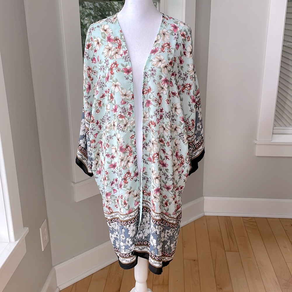 Heart Soul Mint Green Black Floral Sheer Kimono Swim Coverup Size Small